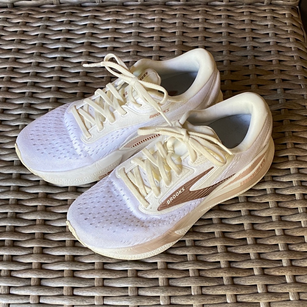 Brooks Women's Adrenaline 24 GTS Rose Gold an White Tennis Shoes